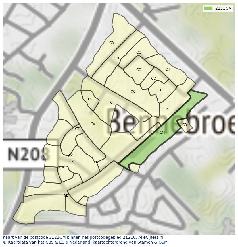 Afbeelding van het postcodegebied 2121 CM op de kaart.