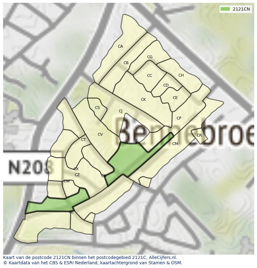 Afbeelding van het postcodegebied 2121 CN op de kaart.