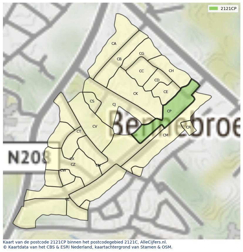 Afbeelding van het postcodegebied 2121 CP op de kaart.