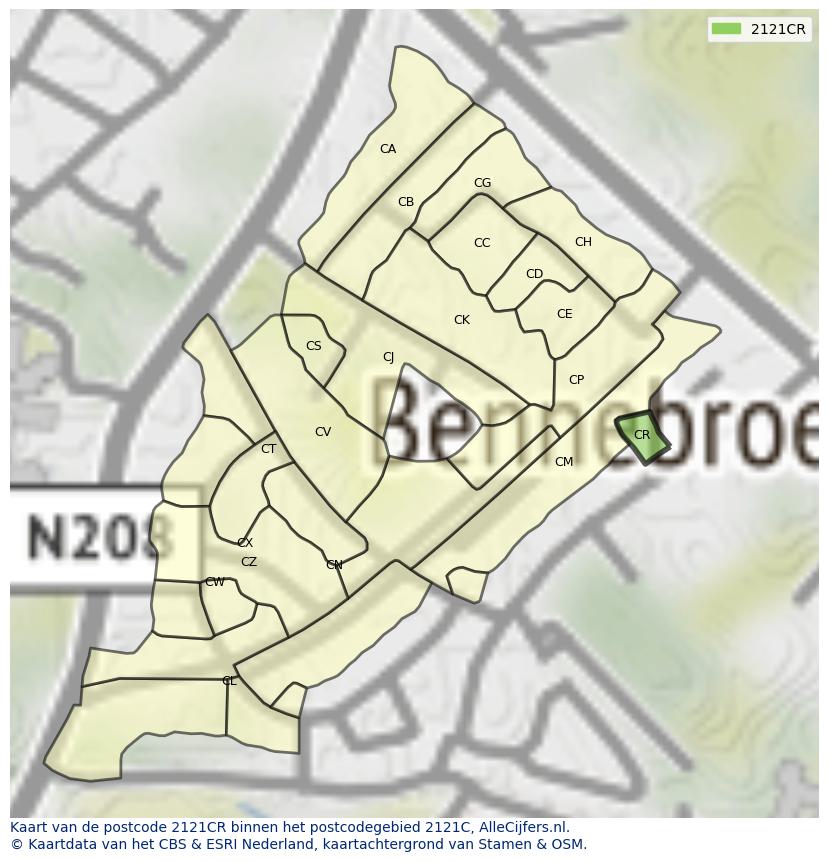 Afbeelding van het postcodegebied 2121 CR op de kaart.