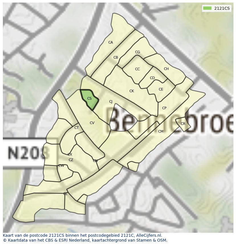 Afbeelding van het postcodegebied 2121 CS op de kaart.