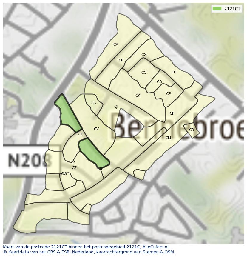 Afbeelding van het postcodegebied 2121 CT op de kaart.