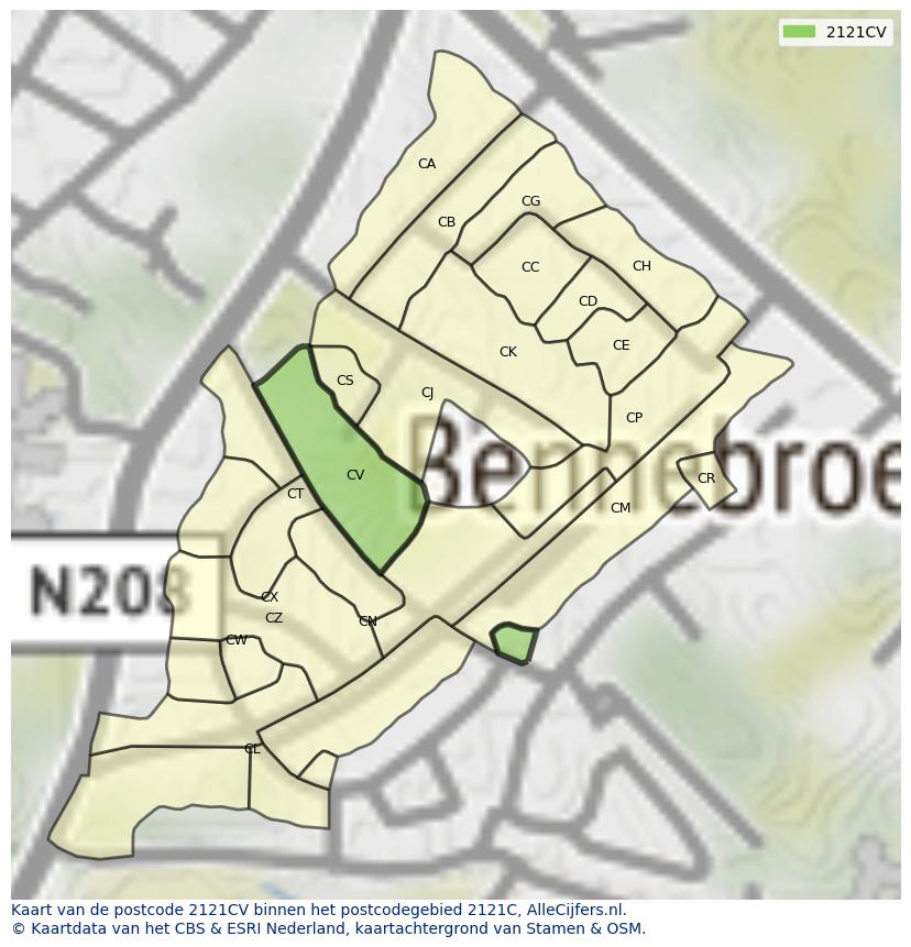 Afbeelding van het postcodegebied 2121 CV op de kaart.