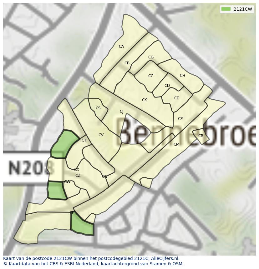 Afbeelding van het postcodegebied 2121 CW op de kaart.