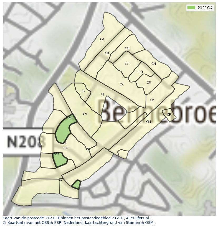 Afbeelding van het postcodegebied 2121 CX op de kaart.