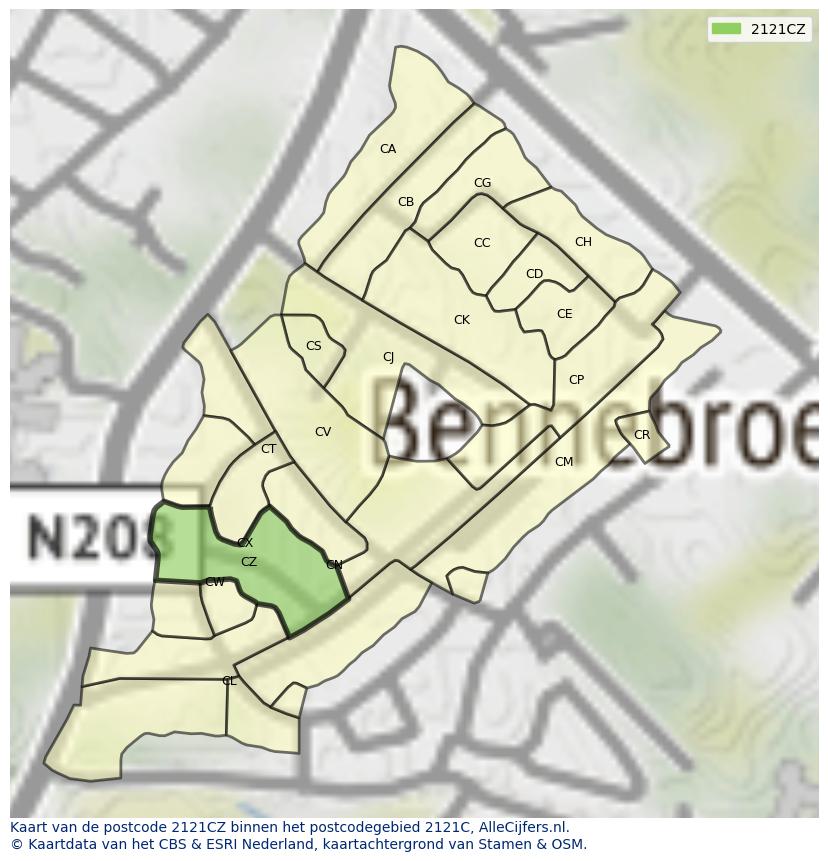 Afbeelding van het postcodegebied 2121 CZ op de kaart.