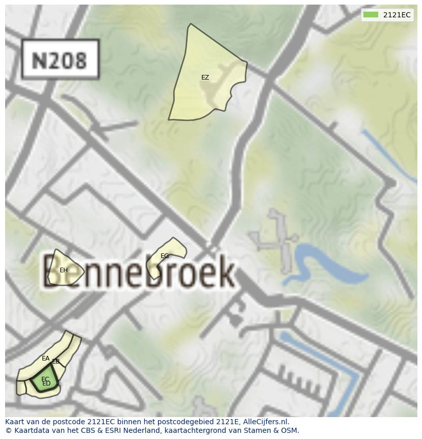 Afbeelding van het postcodegebied 2121 EC op de kaart.