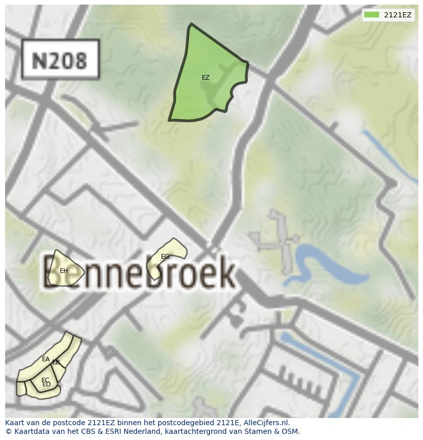 Afbeelding van het postcodegebied 2121 EZ op de kaart.