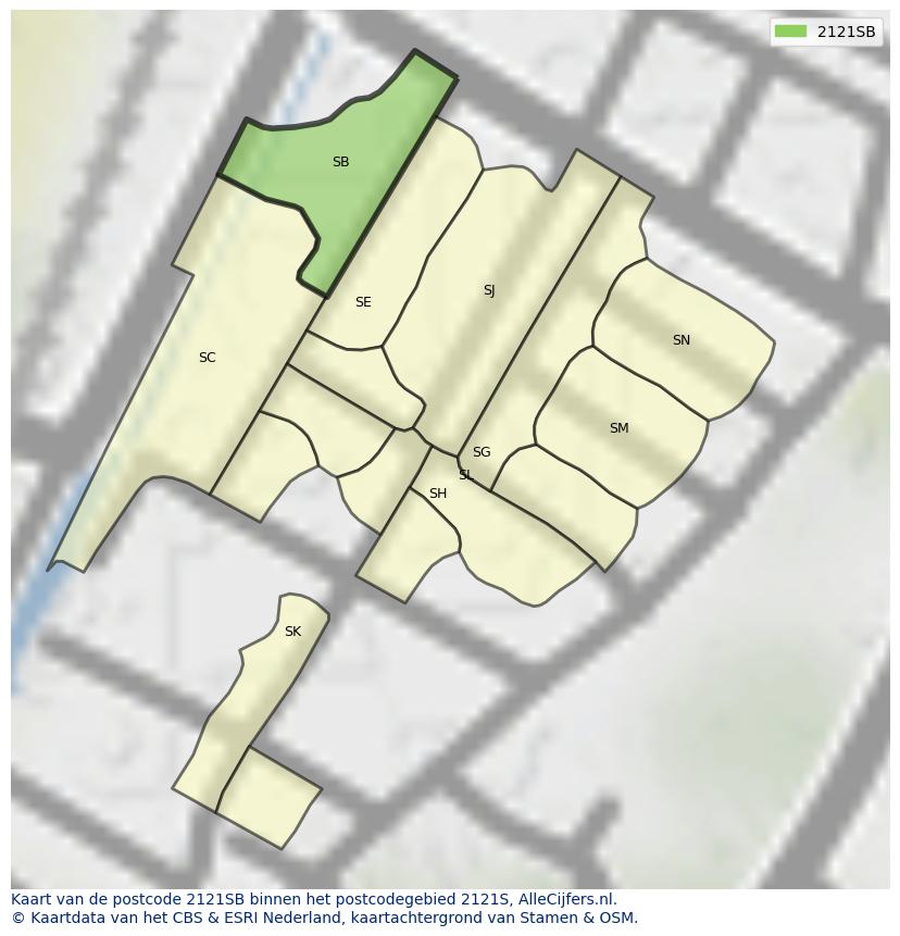 Afbeelding van het postcodegebied 2121 SB op de kaart.