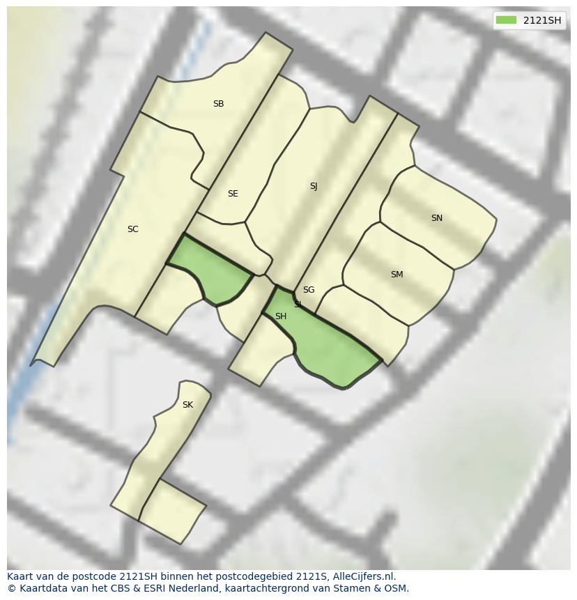 Afbeelding van het postcodegebied 2121 SH op de kaart.