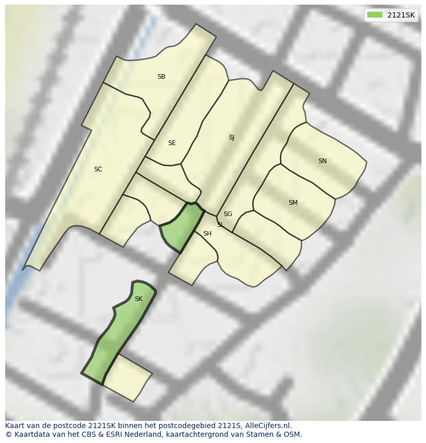 Afbeelding van het postcodegebied 2121 SK op de kaart.