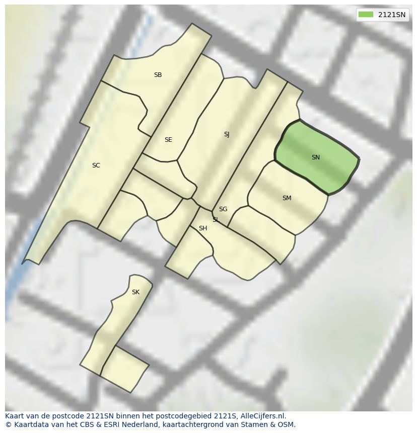 Afbeelding van het postcodegebied 2121 SN op de kaart.