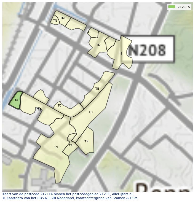 Afbeelding van het postcodegebied 2121 TA op de kaart.