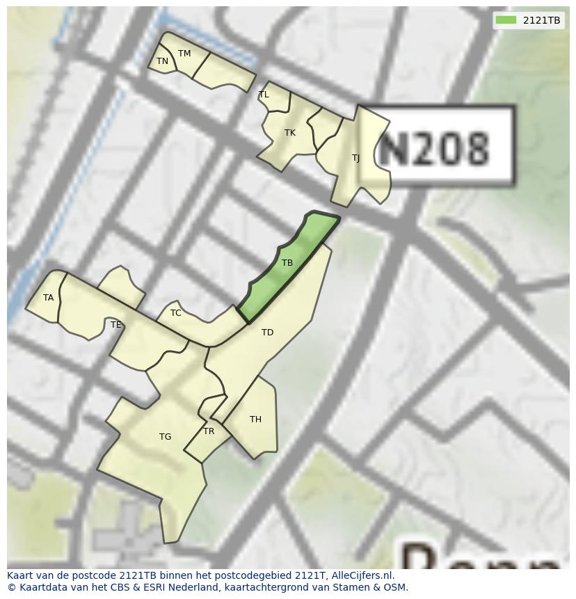 Afbeelding van het postcodegebied 2121 TB op de kaart.