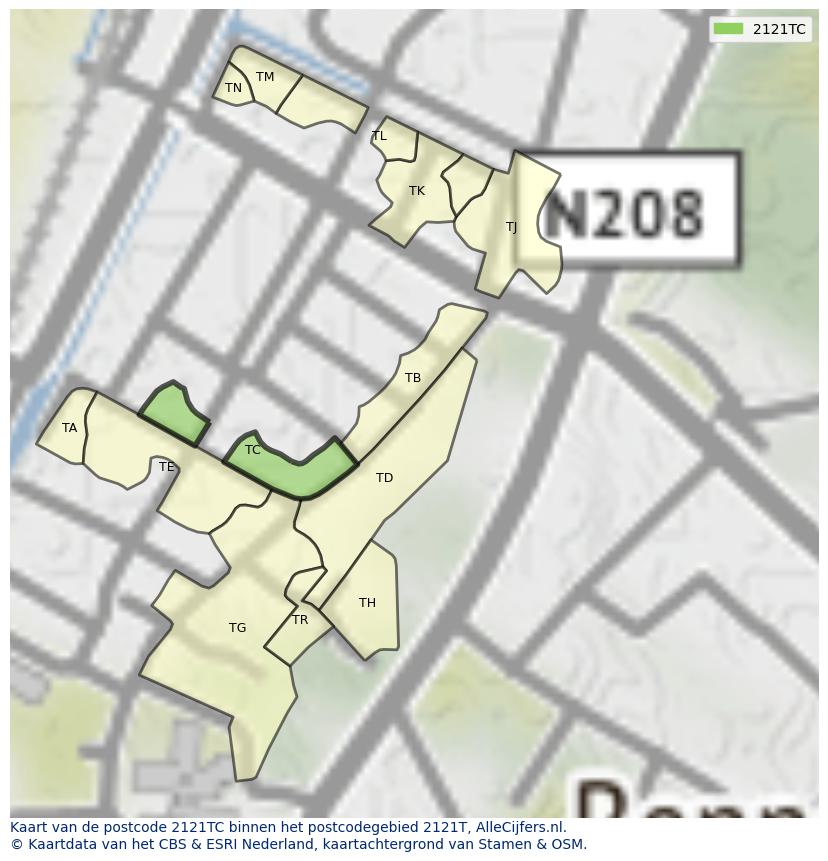 Afbeelding van het postcodegebied 2121 TC op de kaart.
