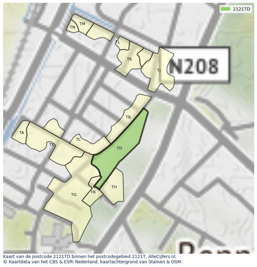 Afbeelding van het postcodegebied 2121 TD op de kaart.