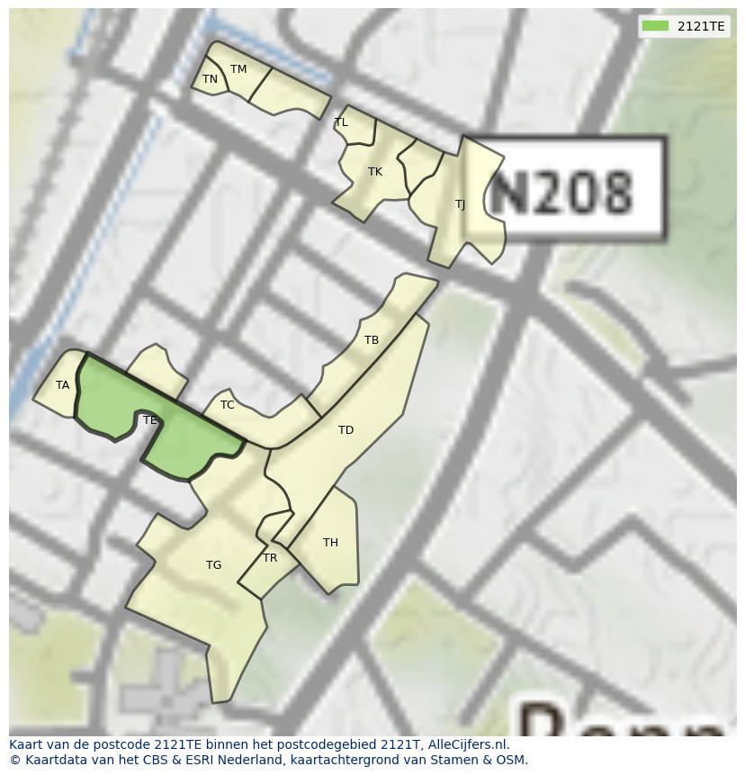 Afbeelding van het postcodegebied 2121 TE op de kaart.