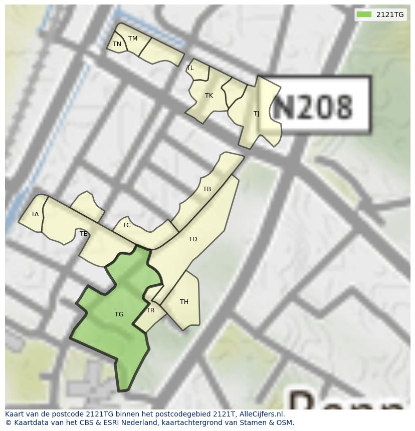 Afbeelding van het postcodegebied 2121 TG op de kaart.
