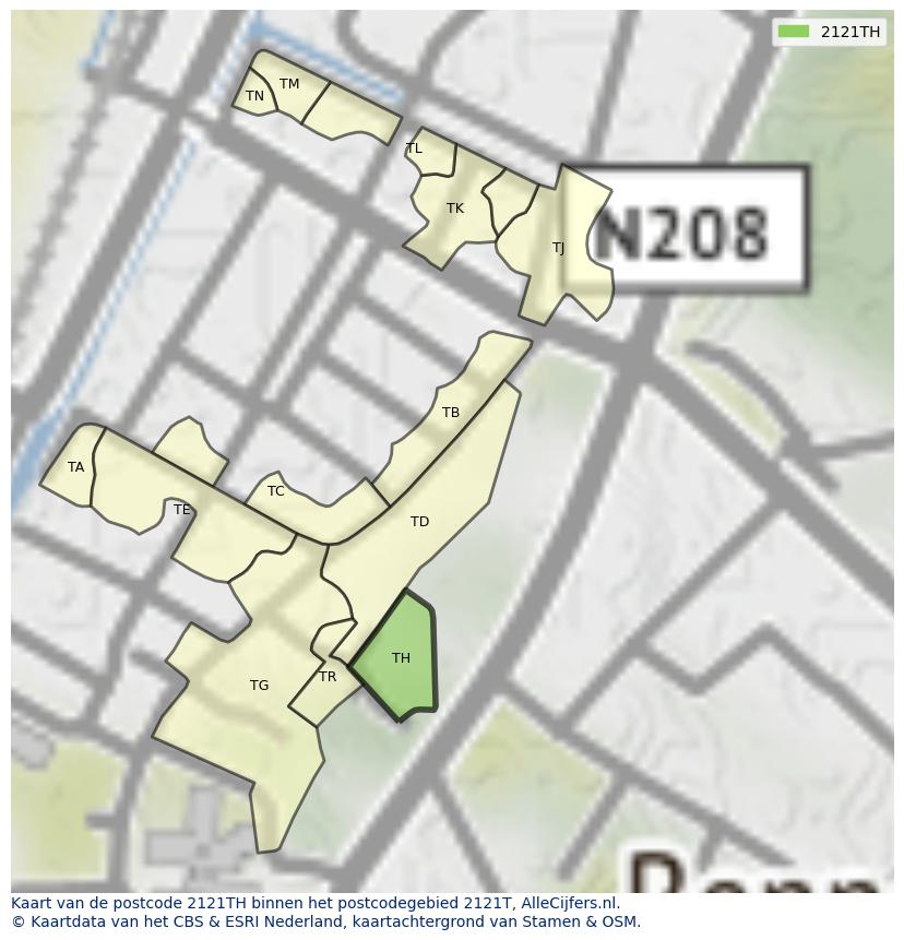 Afbeelding van het postcodegebied 2121 TH op de kaart.