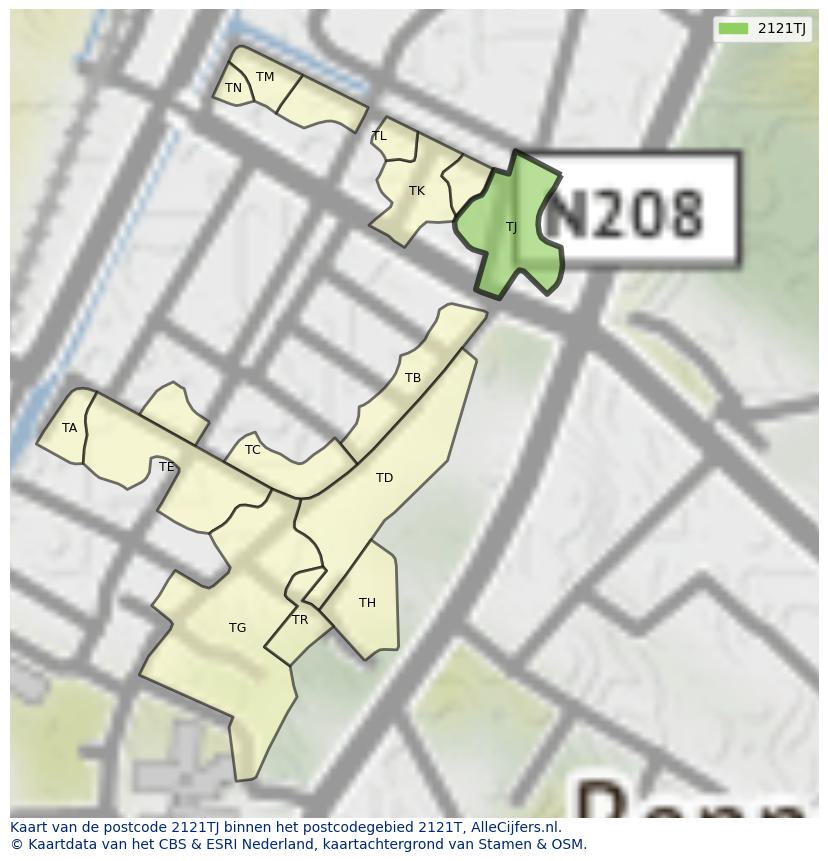 Afbeelding van het postcodegebied 2121 TJ op de kaart.