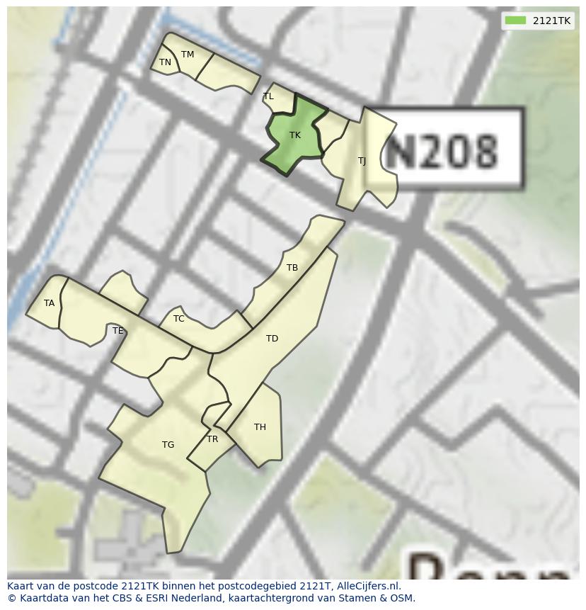Afbeelding van het postcodegebied 2121 TK op de kaart.
