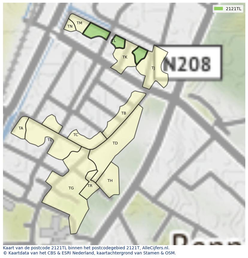 Afbeelding van het postcodegebied 2121 TL op de kaart.
