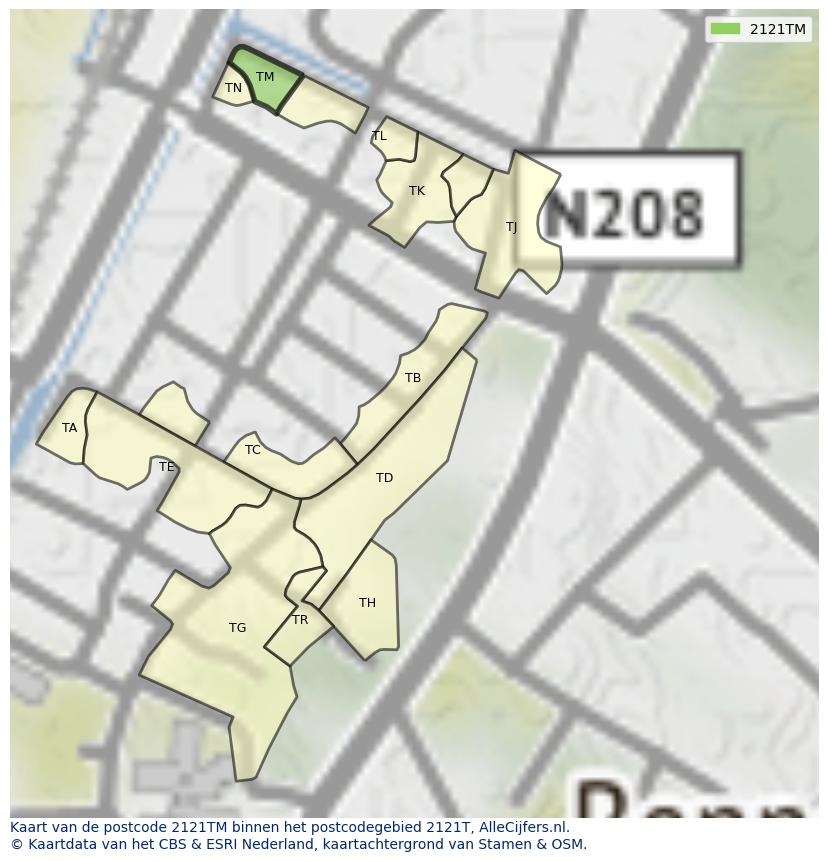 Afbeelding van het postcodegebied 2121 TM op de kaart.