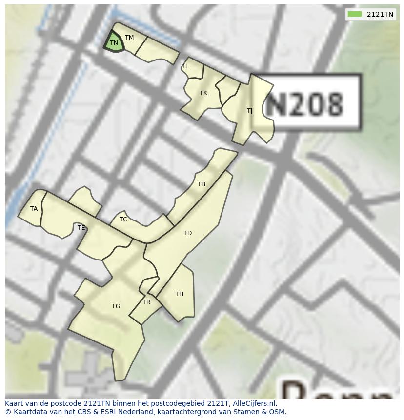 Afbeelding van het postcodegebied 2121 TN op de kaart.