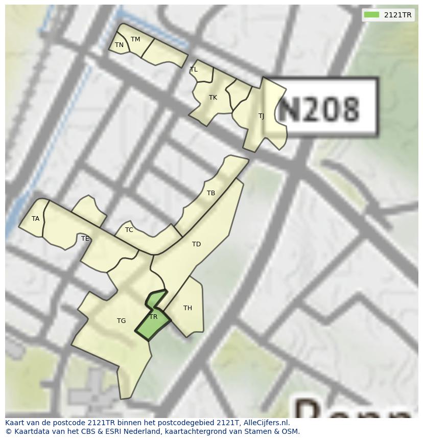 Afbeelding van het postcodegebied 2121 TR op de kaart.