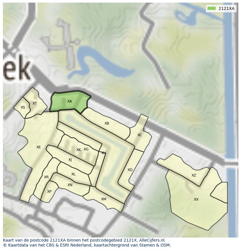 Afbeelding van het postcodegebied 2121 XA op de kaart.