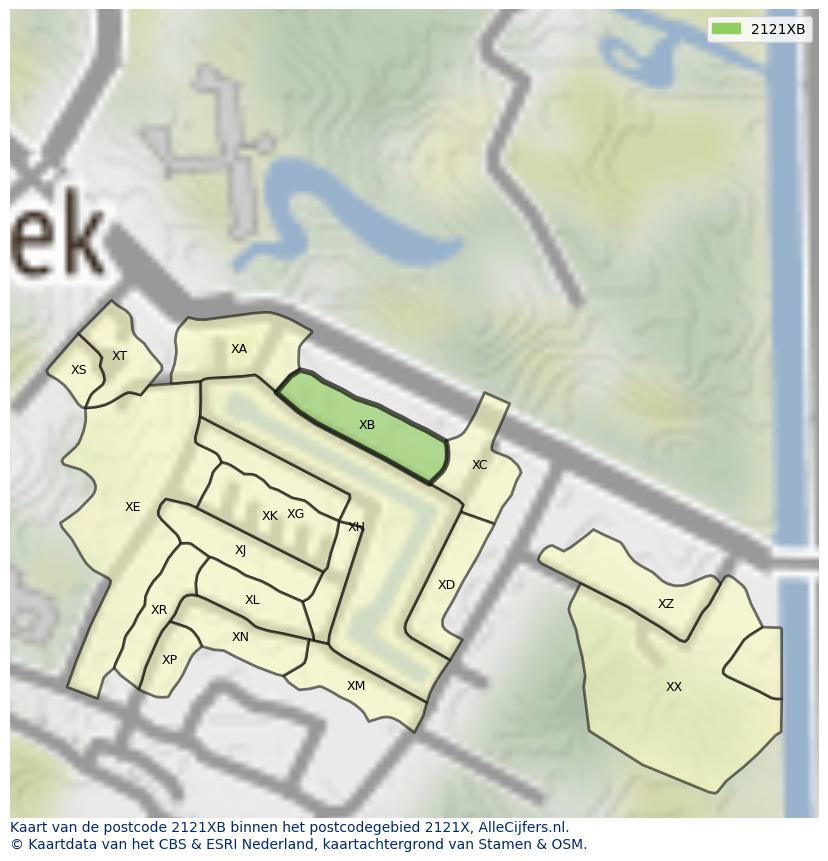 Afbeelding van het postcodegebied 2121 XB op de kaart.