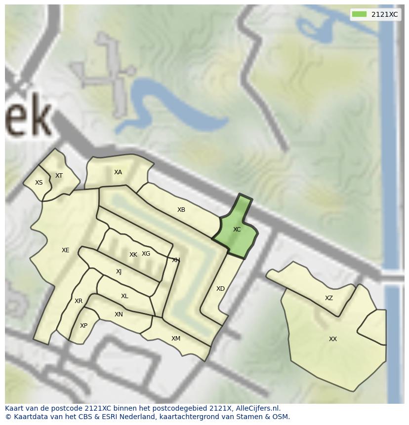 Afbeelding van het postcodegebied 2121 XC op de kaart.