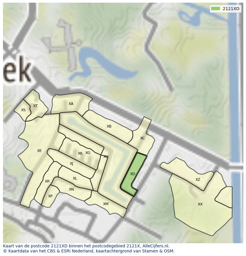 Afbeelding van het postcodegebied 2121 XD op de kaart.