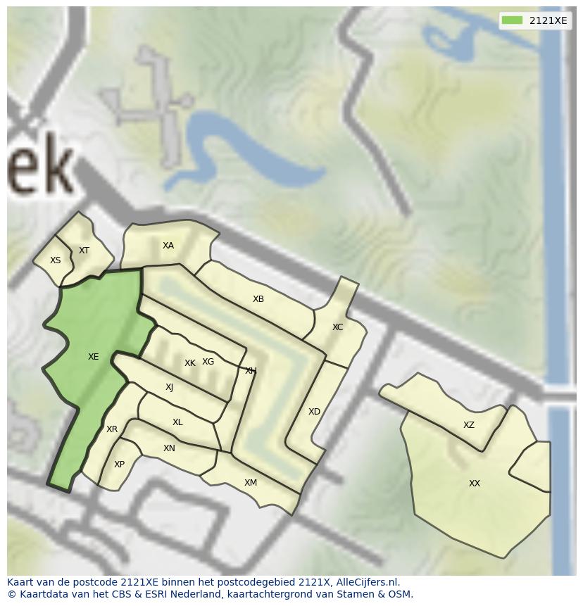 Afbeelding van het postcodegebied 2121 XE op de kaart.