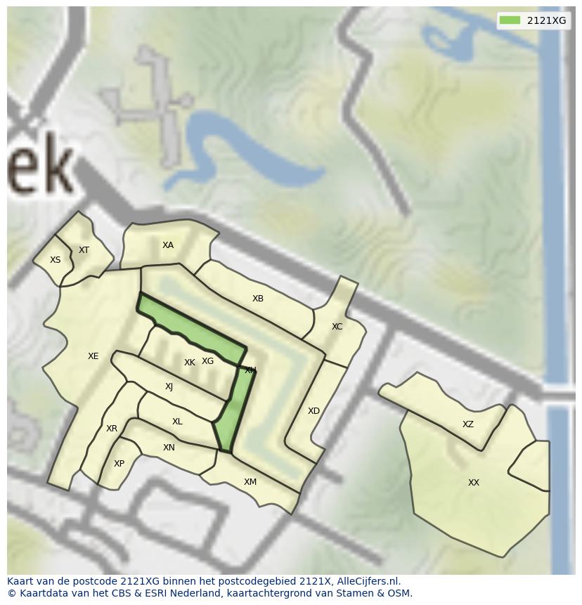 Afbeelding van het postcodegebied 2121 XG op de kaart.