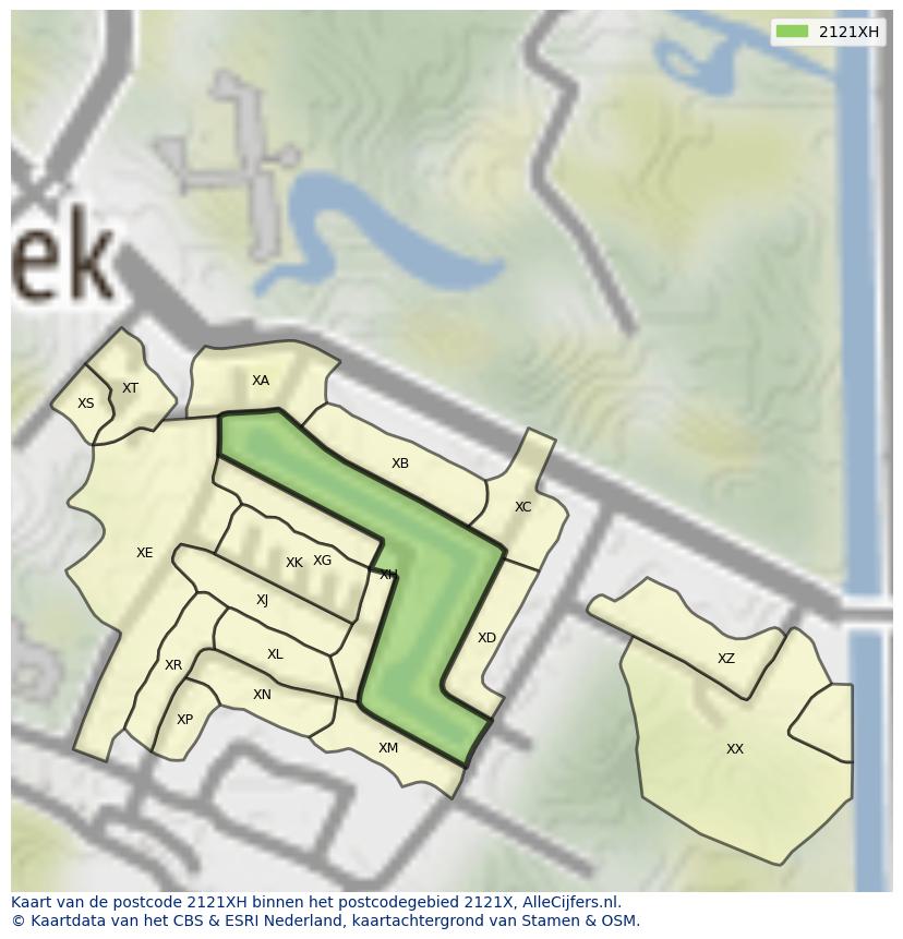 Afbeelding van het postcodegebied 2121 XH op de kaart.