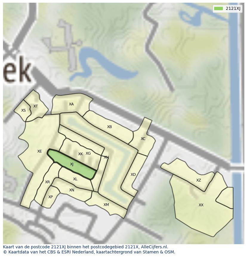 Afbeelding van het postcodegebied 2121 XJ op de kaart.