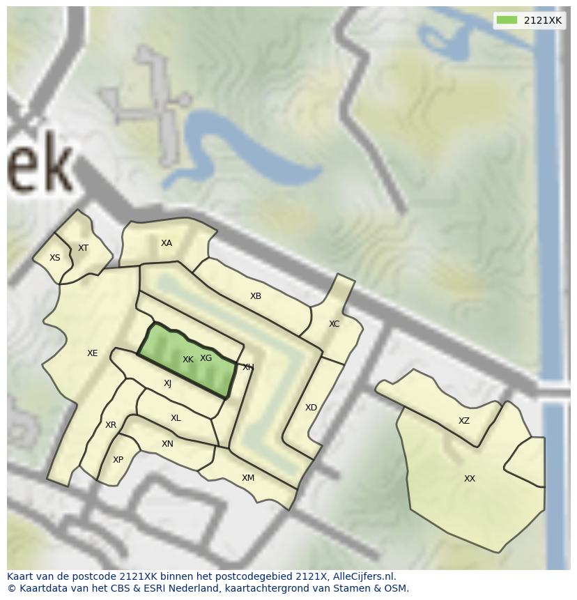 Afbeelding van het postcodegebied 2121 XK op de kaart.