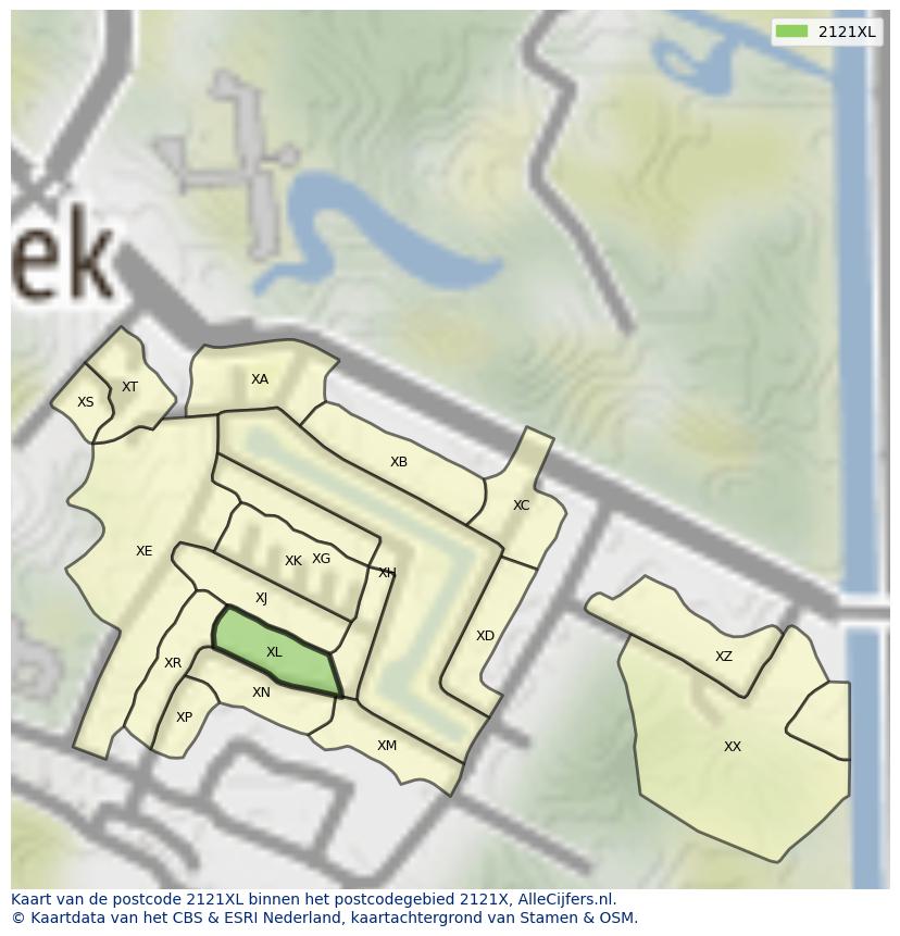 Afbeelding van het postcodegebied 2121 XL op de kaart.