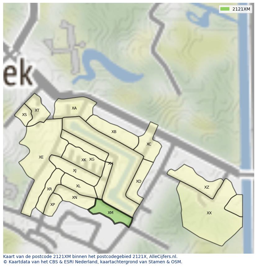 Afbeelding van het postcodegebied 2121 XM op de kaart.