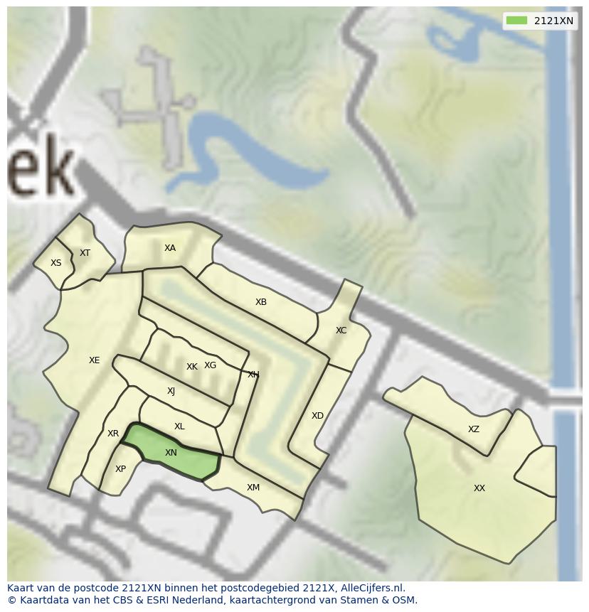 Afbeelding van het postcodegebied 2121 XN op de kaart.