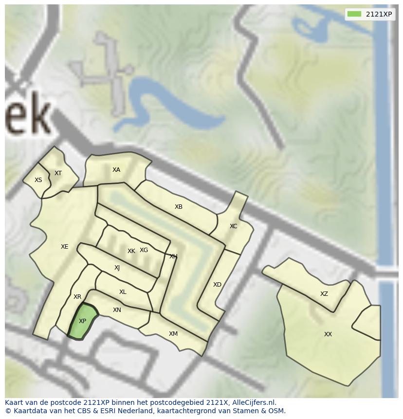 Afbeelding van het postcodegebied 2121 XP op de kaart.