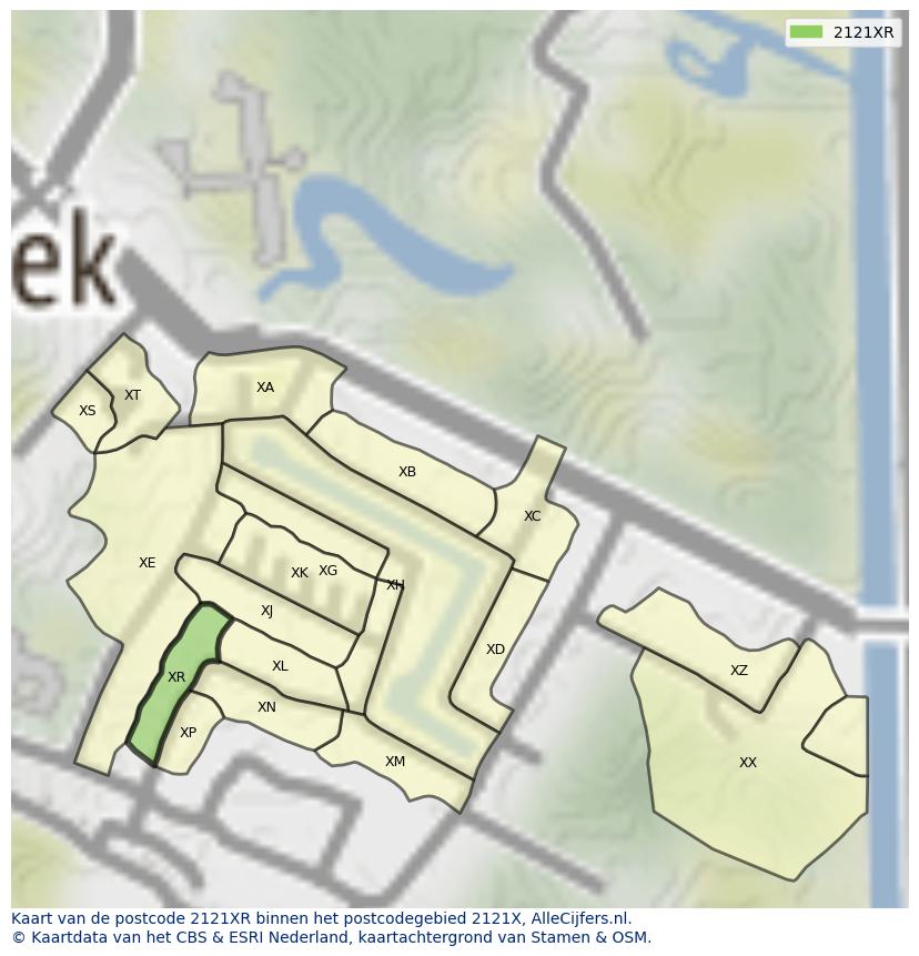 Afbeelding van het postcodegebied 2121 XR op de kaart.
