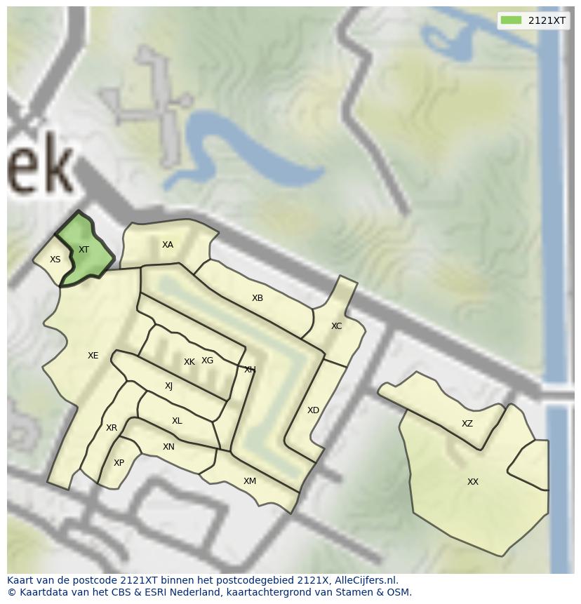 Afbeelding van het postcodegebied 2121 XT op de kaart.