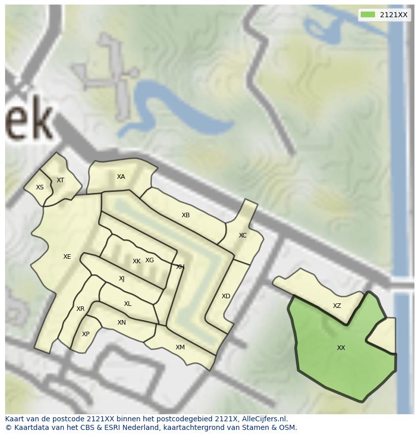 Afbeelding van het postcodegebied 2121 XX op de kaart.