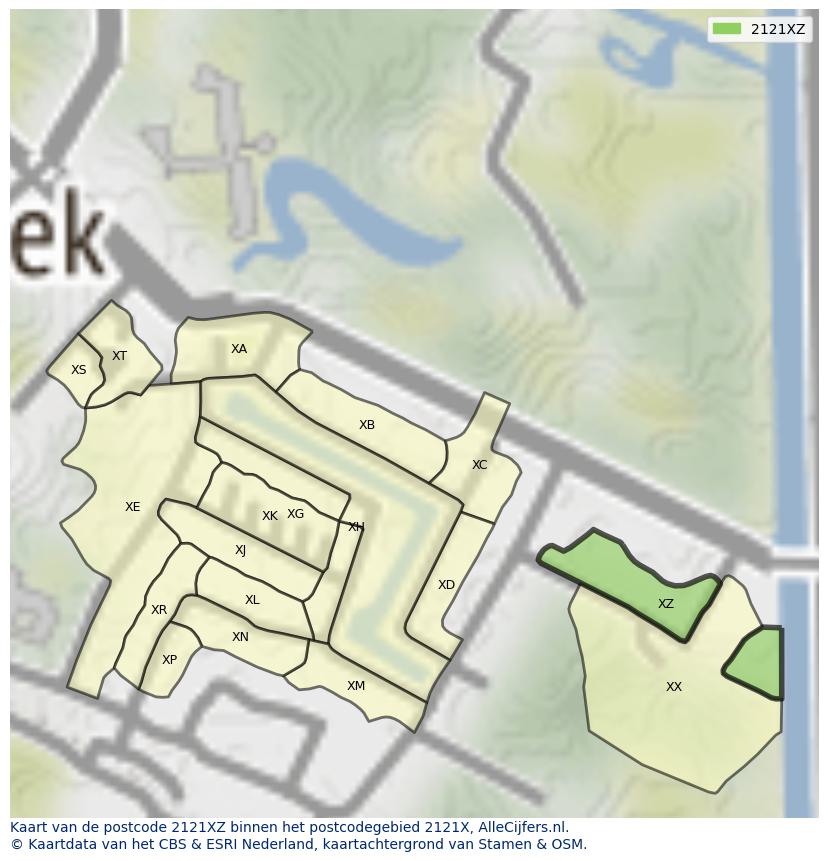 Afbeelding van het postcodegebied 2121 XZ op de kaart.