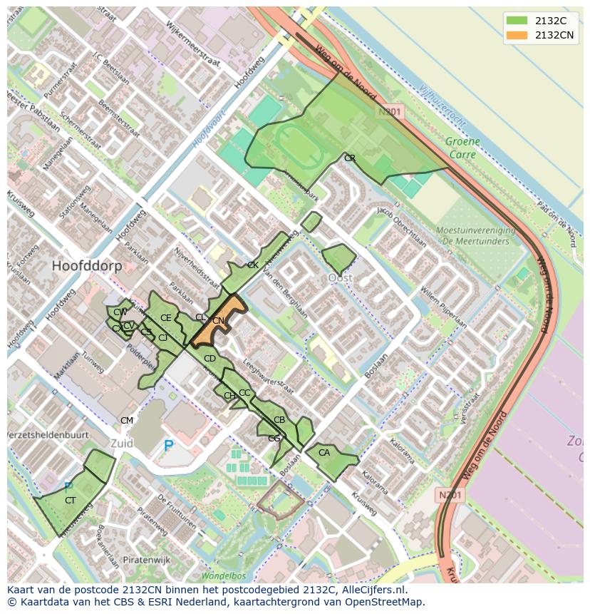 Afbeelding van het postcodegebied 2132 CN op de kaart.