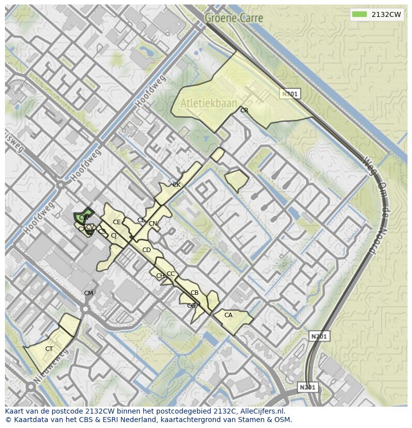 Afbeelding van het postcodegebied 2132 CW op de kaart.