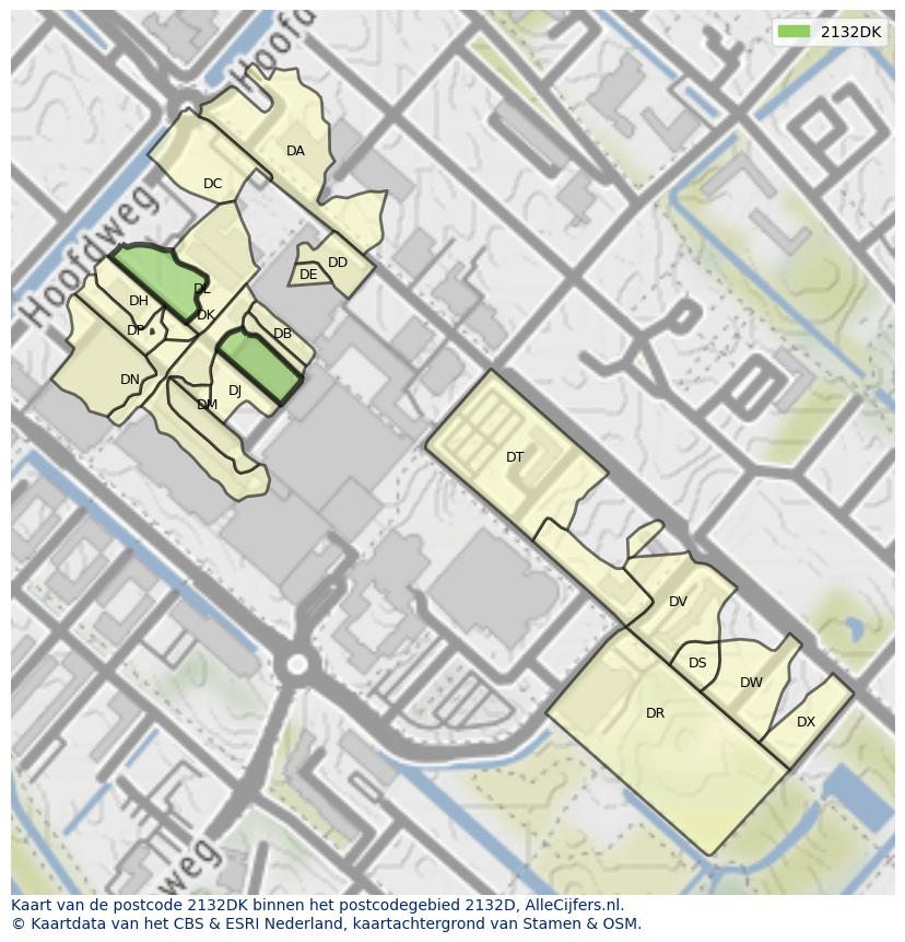 Afbeelding van het postcodegebied 2132 DK op de kaart.