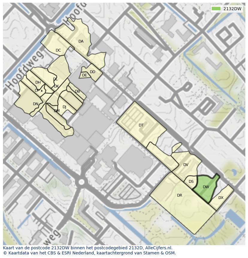 Afbeelding van het postcodegebied 2132 DW op de kaart.